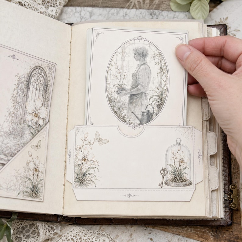May include: A cream-colored paper pocket insert for a journal featuring a vintage-style illustration of a person gardening inside an oval frame, with decorative floral motifs, a butterfly, a glass cloche, and a key printed on the paper surface.