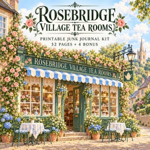 May include: A printable junk journal kit titled Rosebridge Village Tea Rooms featuring 32 pages plus 4 bonus pages. The image displays a storefront with a blue and white striped awning, pink roses, blue hydrangeas, and outdoor tables.