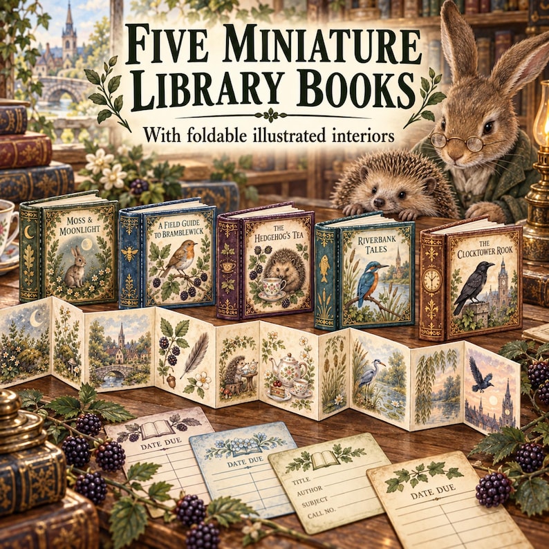 May include: Five miniature library books with illustrated covers titled Moss & Moonlight, A Field Guide to Bramblewick, The Hedgehog's Tea, Riverbank Tales, and The Clocktower Rook. Includes a foldable illustrated interior and library date due cards.