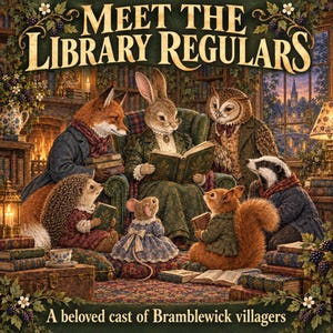 May include: A decorative print titled MEET THE LIBRARY REGULARS featuring an anthropomorphic fox, rabbit, owl, hedgehog, mouse, squirrel, and badger in a cosy library setting with the text A beloved cast of Bramblewick villagers below.