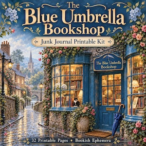 以下が含まれることがあります： 「The Blue Umbrella Bookshop」と題されたデジタル印刷キット。青い木枠の店舗、本でいっぱいの大きなガラス窓、白黒の猫、ピンクの花、入り口のドアに立てかけられた青い傘が描かれています。