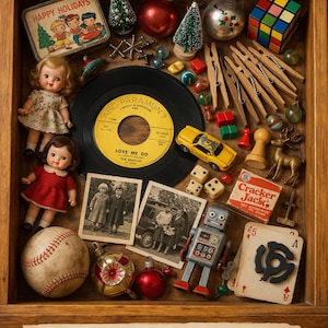 May include: A wooden drawer filled with vintage items, including dolls, a baseball, a record, a toy car, dice, and Christmas ornaments. The drawer also contains a tin with the text "HAPPY HOLIDAYS" and a card that reads "Cracker Jack". The text "mystery vintage junk drawer" is at the bottom.