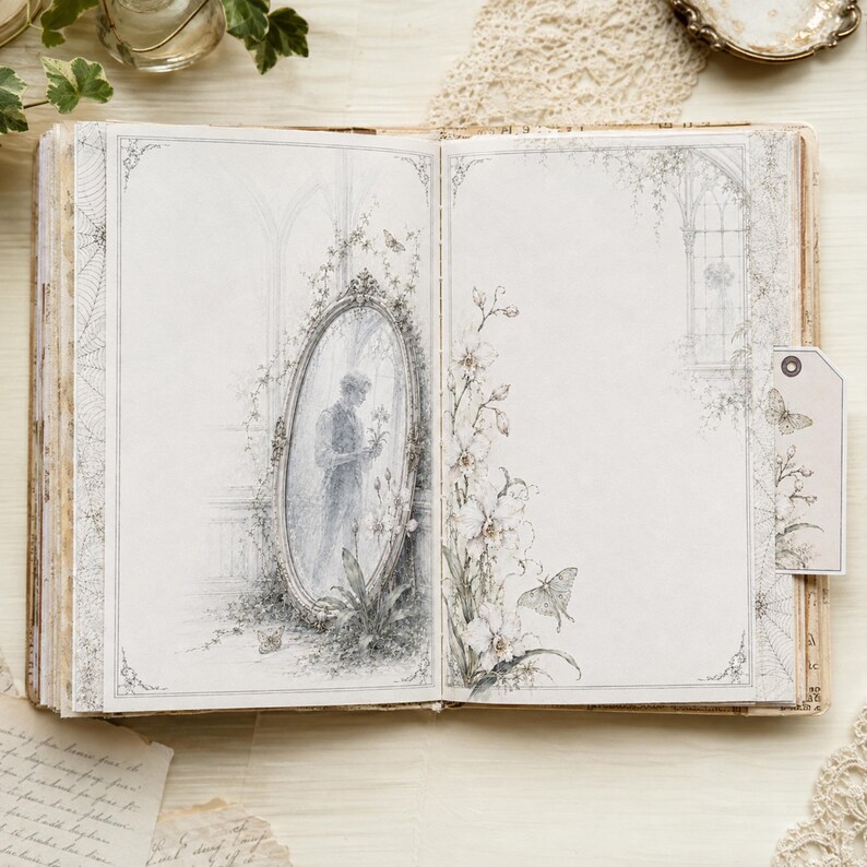 May include: An open journal with light gray pages featuring intricate illustrations. The left page shows an oval mirror reflecting a figure, while the right page displays floral motifs and a moth. A small rectangular tag with a butterfly is attached.