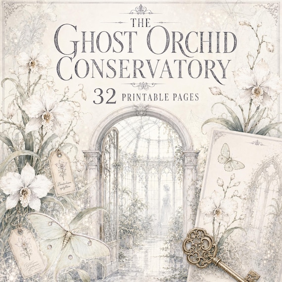 Ghost Orchid Conservatory Junk Journal Kit, Printable Halloween Journal, Botanical Gothic Ephemera, Low Ink, 32 Pages