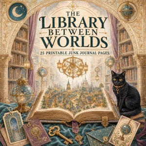 May include: A digital collection titled The Library Between Worlds 25 Printable Junk Journal Pages featuring an open book with a miniature city inside, a black cat with a gold key collar, globes, keys, and stationery on a teal velvet fabric.