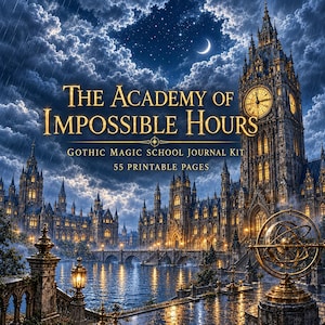 Puede incluir: Un kit de diario digital titulado The Academy of Impossible Hours Gothic Magic School Journal Kit 55 Printable Pages con una gran torre de reloj y arquitectura gótica bajo un cielo nocturno con una luna creciente.
