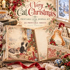May include: A printable junk journal kit titled A Very Cat Christmas featuring 25 sheets. The open book displays illustrations of cats in a festive setting with a Christmas tree, gifts, and a cat-shaped tag labeled Official Tree Inspector.