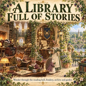 May include: A jigsaw puzzle titled A LIBRARY FULL OF STORIES featuring anthropomorphic animals in a library and garden setting. The text reads A LIBRARY FULL OF STORIES and Wander through the reading hall, bindery, archive and garden.