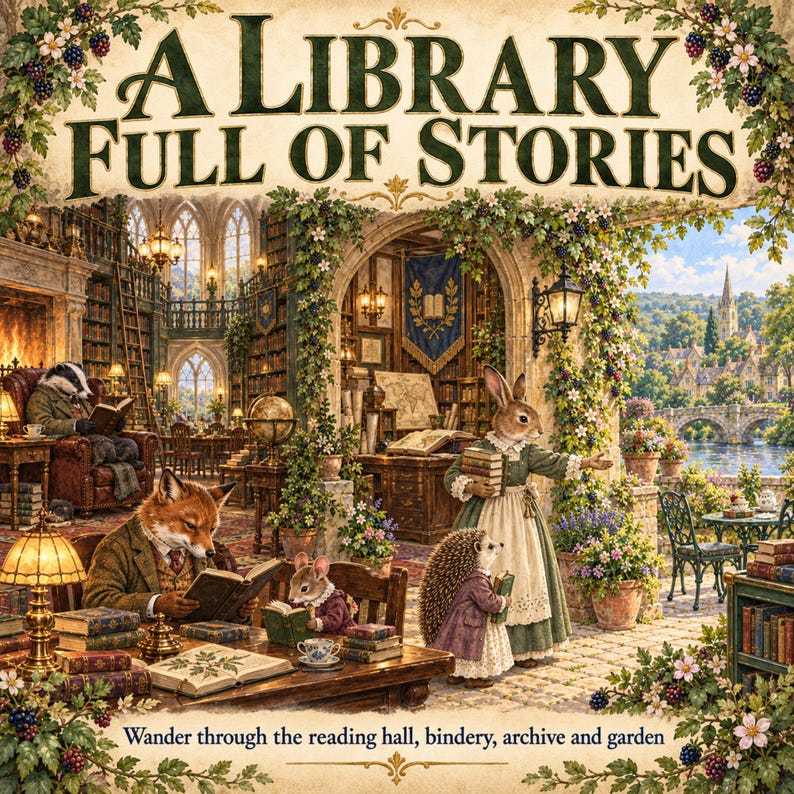 May include: A jigsaw puzzle titled A LIBRARY FULL OF STORIES featuring anthropomorphic animals in a library and garden setting. The text reads A LIBRARY FULL OF STORIES and Wander through the reading hall, bindery, archive and garden.