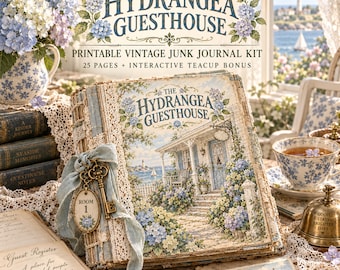 May include: A printable vintage junk journal kit titled The Hydrangea Guesthouse, featuring 25 pages and an interactive teacup bonus. The cover displays a coastal cottage with blue and white hydrangea flowers, a lace ribbon, and a metal key charm.