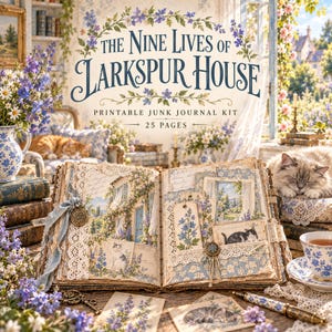 May include: A printable junk journal kit titled The Nine Lives of Larkspur House, featuring 25 pages. The open book displays floral and cat illustrations, lace trim, and vintage-style paper. The scene includes blue and white floral accents.