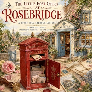 Può includere: Un kit stampabile intitolato The Little Post Office at Rosebridge che include 32 pagine, una cassetta delle lettere rossa interattiva con sportello apribile e 16 minuscole lettere. L'immagine mostra un ufficio postale, fiori e un sigillo.