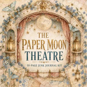 Op de afbeelding: Een 10-pagina junk journal kit getiteld The Paper Moon Theatre, met een illustratie van een sierlijke boog met hangende lantaarns, blauwe bloemen, vlinders, sterren en een centrale maan, uitgevoerd in een vintage crèmekleurige stijl.