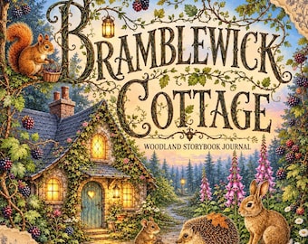May include: A journal cover titled Bramblewick Cottage Woodland Storybook Journal featuring a stone cottage, a squirrel with a basket, a mouse holding a lantern, a hedgehog with a leaf, a rabbit, and blackberry vines against a forest background.