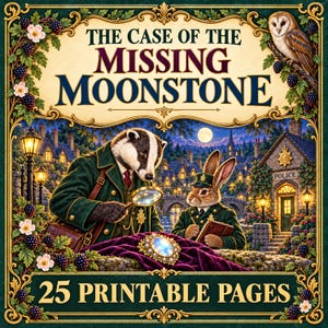 May include: A digital illustration titled The Case of the Missing Moonstone featuring a badger and a rabbit in police uniforms investigating a glowing moonstone brooch. The scene includes a village, a police station, and 25 printable pages text.