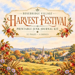 May include: A printable junk journal kit titled Rosebridge Village Harvest Festival with 32 pages plus 4 bonus pages. The design features a landscape painting of a village with a church, fields, and trees, framed by apples and wheat stalks.