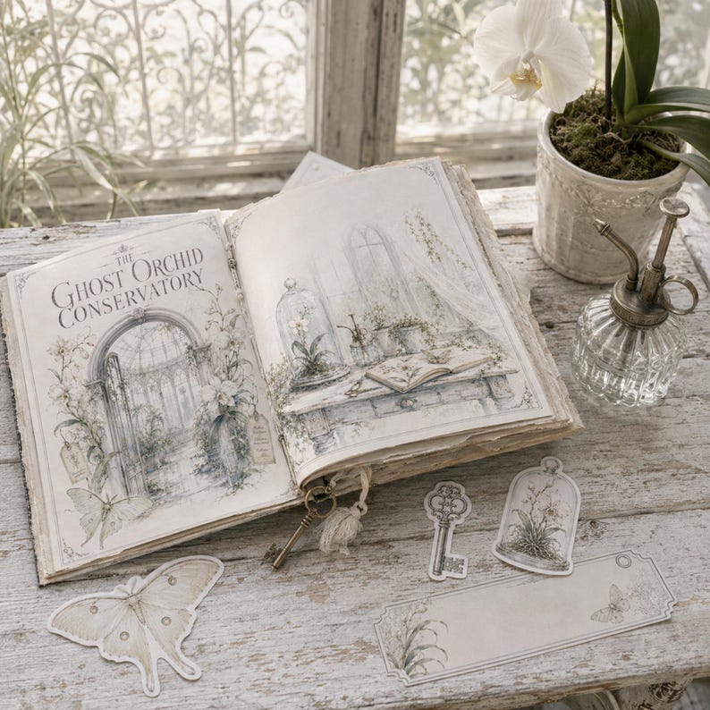 May include: An open book titled The Ghost Orchid Conservatory with detailed botanical illustrations, accompanied by a moth cutout, a key sticker, a bell jar sticker, and a rectangular label, all featuring muted, vintage-inspired cream and green tones.