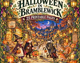 May include: A digital illustration titled Halloween in Bramblewick featuring 25 printable pages. The scene depicts anthropomorphic animals in costumes walking through a village street decorated with pumpkins, lanterns, and autumn foliage.