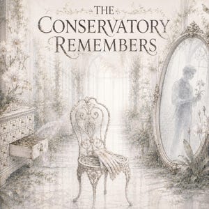 May include: A monochromatic illustration titled THE CONSERVATORY REMEMBERS, featuring a white ornate metal chair with a glove resting on the seat, a wooden apothecary cabinet with an open drawer, and a large oval mirror reflecting a person.