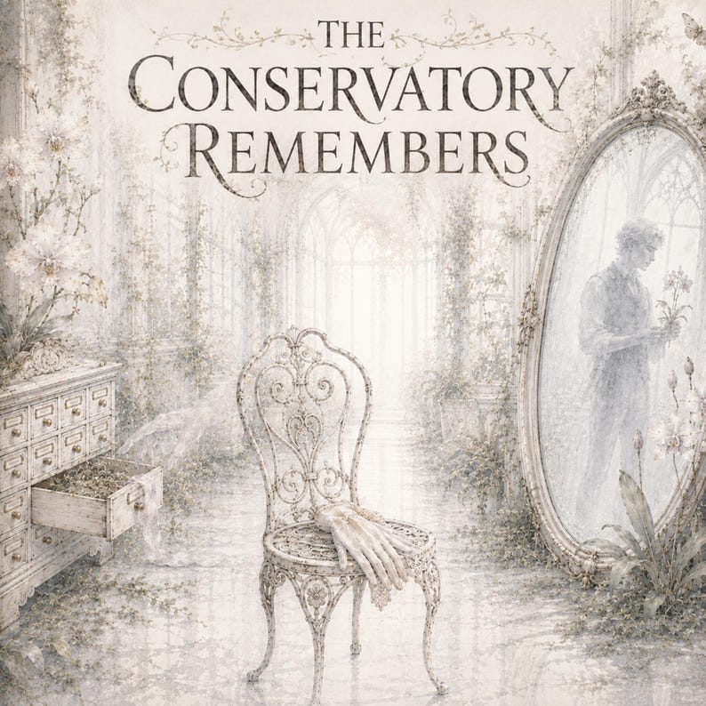 May include: A monochromatic illustration titled THE CONSERVATORY REMEMBERS, featuring a white ornate metal chair with a glove resting on the seat, a wooden apothecary cabinet with an open drawer, and a large oval mirror reflecting a person.