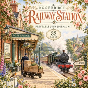May include: A printable junk journal kit titled Rosebridge Railway Station featuring 32 pages. The illustration depicts a vintage steam train at a brick station platform with floral accents, a person with a luggage cart, and a Tea Rooms sign.