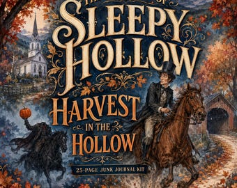 May include: A 25-page junk journal kit featuring The Legend of Sleepy Hollow Harvest in the Hollow text. The illustration depicts a rider on a brown horse, a headless figure on a black horse holding a pumpkin, a church, and a covered bridge.