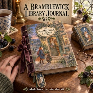 May include: A hardback journal titled A Bramblewick Library Journal featuring a cover illustration of a fox, a rabbit, and a hedgehog outside a library. The journal has a dark purple velvet spine with a matching ribbon bow and a bookmark with an owl.