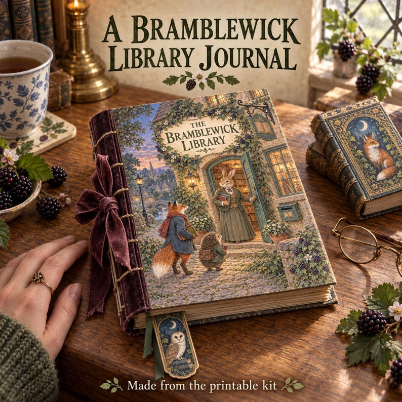 May include: A hardback journal titled A Bramblewick Library Journal featuring a cover illustration of a fox, a rabbit, and a hedgehog outside a library. The journal has a dark purple velvet spine with a matching ribbon bow and a bookmark with an owl.