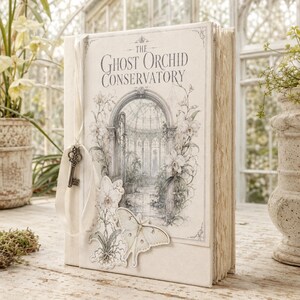 May include: A hardcover book titled The Ghost Orchid Conservatory with a cream-colored cover featuring an illustration of a glass greenhouse, orchids, and a moth. A white ribbon is tied to the spine with a small, ornate metal skeleton key attached.