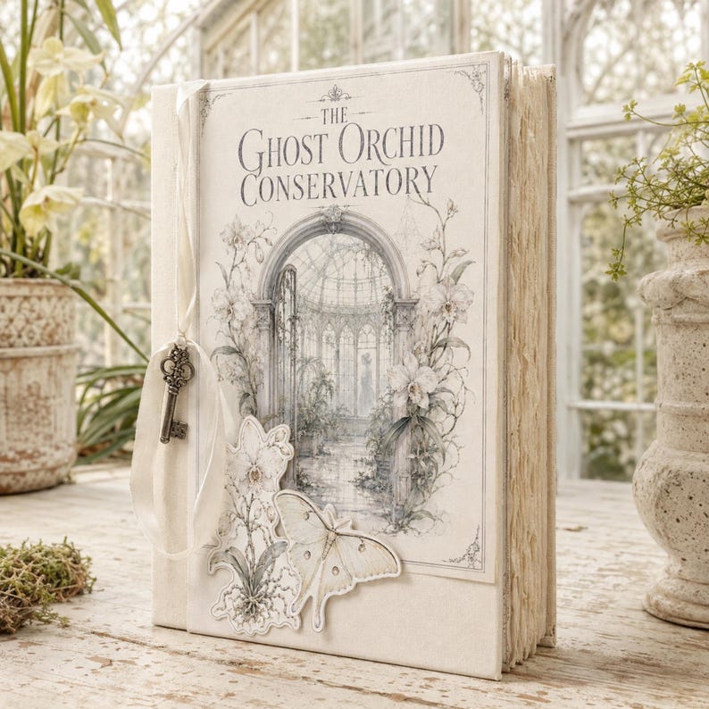 May include: A hardcover book titled The Ghost Orchid Conservatory with a cream-colored cover featuring an illustration of a glass greenhouse, orchids, and a moth. A white ribbon is tied to the spine with a small, ornate metal skeleton key attached.