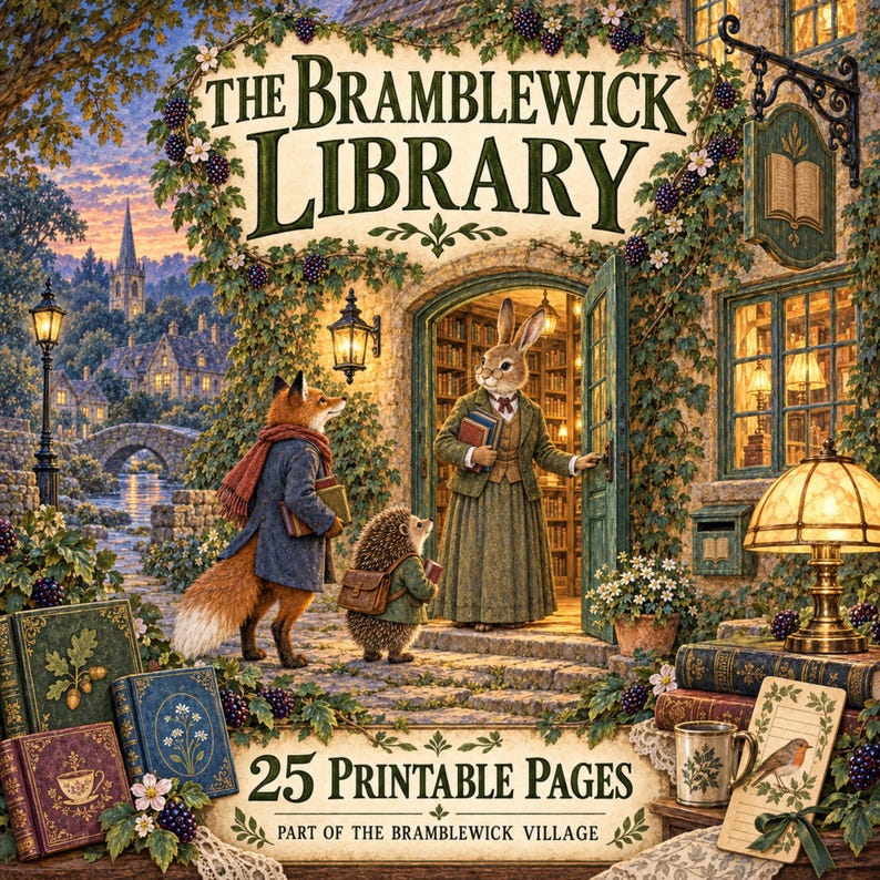 May include: A digital illustration titled The Bramblewick Library featuring a fox and a hedgehog standing before a stone library entrance. A rabbit stands in the doorway. The scene includes books, a lamp, and text reading 25 Printable Pages.