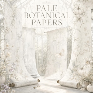 May include: Pale Botanical Papers featuring intricate, light-toned illustrations of pumpkins, butterflies, and floral vines on hanging paper scrolls. The text PALE BOTANICAL PAPERS is centered at the top in a classic, serif font style.
