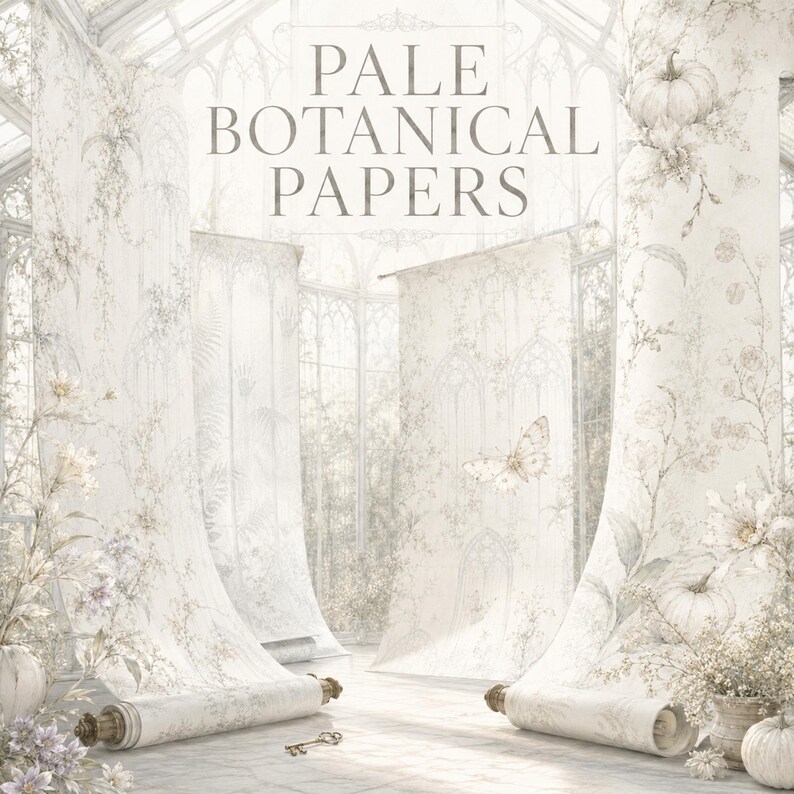 May include: Pale Botanical Papers featuring intricate, light-toned illustrations of pumpkins, butterflies, and floral vines on hanging paper scrolls. The text PALE BOTANICAL PAPERS is centered at the top in a classic, serif font style.