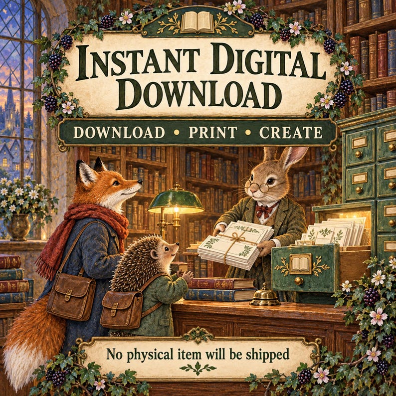 May include: A digital illustration of a fox, a hedgehog, and a rabbit in a library. The text reads Instant Digital Download, Download, Print, Create, and No physical item will be shipped. The scene features bookshelves, a desk, and floral accents.
