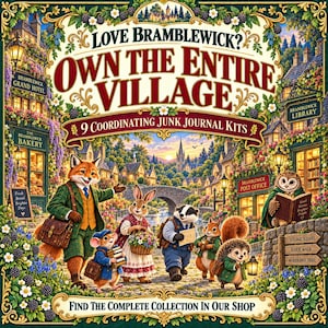 May include: A collection of 9 coordinating junk journal kits featuring an illustration of anthropomorphic animals in a village setting. The text reads: Love Bramblewick? Own the entire village. 9 coordinating junk journal kits. Find the complete collection in our shop.