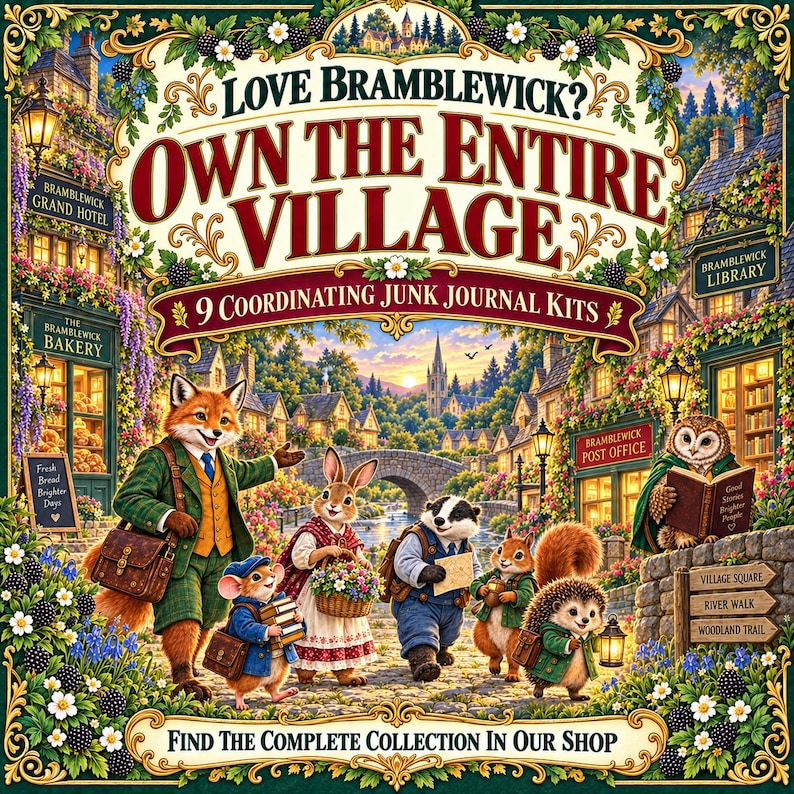 May include: A collection of 9 coordinating junk journal kits featuring an illustration of anthropomorphic animals in a village setting. The text reads: Love Bramblewick? Own the entire village. 9 coordinating junk journal kits. Find the complete collection in our shop.