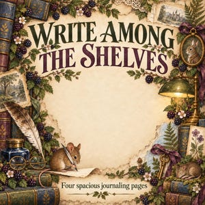 May include: A decorative page featuring the text WRITE AMONG THE SHELVES and Four spacious journaling pages. The border includes illustrations of books, blackberries, a quill, glasses, an inkwell, a lamp, a key, and two small mice.