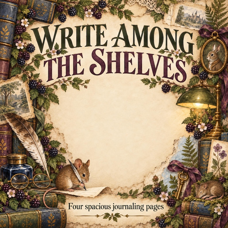 May include: A decorative page featuring the text WRITE AMONG THE SHELVES and Four spacious journaling pages. The border includes illustrations of books, blackberries, a quill, glasses, an inkwell, a lamp, a key, and two small mice.