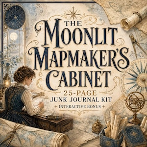 May include: A 25-page junk journal kit titled The Moonlit Mapmaker's Cabinet with an interactive bonus. The image features a person writing at a desk, surrounded by vintage maps, a compass, a globe, scrolls, and a blue storage box.