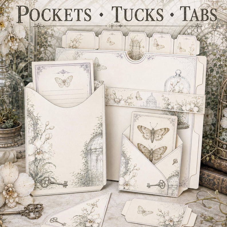 May include: A stationery set featuring cream-colored paper pockets, tucks, and tabs with vintage-style botanical and butterfly illustrations. The items include envelopes, cards, and folders decorated with floral motifs, keys, and cages, with the text POCKETS &bull; TUCKS &bull; TABS printed at the top.