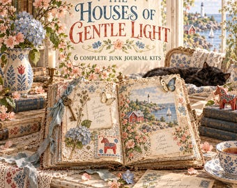 May include: An open junk journal kit titled The Houses of Gentle Light, featuring floral patterns, lace, a metal key, butterfly cutouts, and a lighthouse scene. The pages include handwritten text, a red horse figurine, and blue hydrangea illustrations.