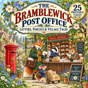 May include: A digital illustration titled The Bramblewick Post Office: Letters, Parcels & Village Tales, featuring a fox, badger, and mouse in a village setting with a red post box, floral accents, and a sign indicating 25 printable pages.