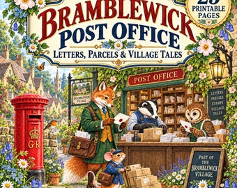 May include: A digital illustration titled The Bramblewick Post Office: Letters, Parcels & Village Tales, featuring a fox, badger, and mouse in a village setting with a red post box, floral accents, and a sign indicating 25 printable pages.