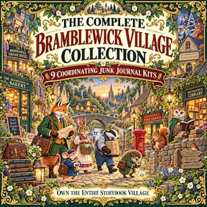 May include: The Complete Bramblewick Village Collection 9 Coordinating Junk Journal Kits features an illustration of anthropomorphic animals in a village setting, including a fox, rabbit, mouse, badger, hedgehog, squirrel, and owl.