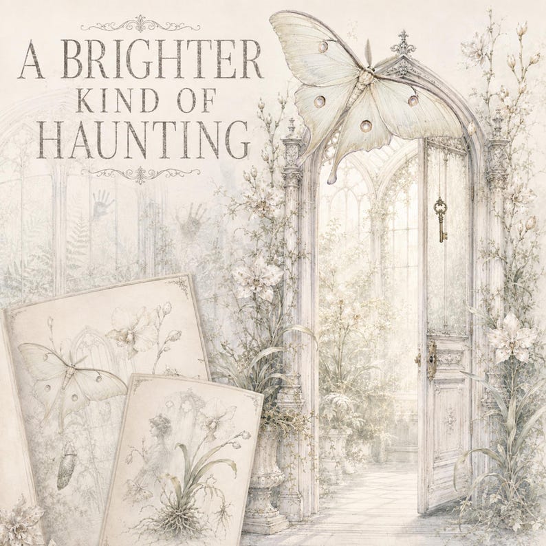 May include: A cream-toned illustration featuring the text A BRIGHTER KIND OF HAUNTING, a large moth above an arched doorway, a hanging skeleton key, and two rectangular cards displaying botanical sketches of moths and flowers in a soft palette.