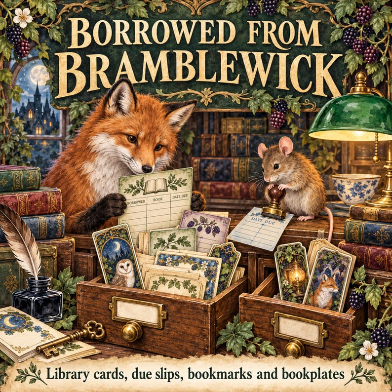 May include: A collection of library cards, due slips, bookmarks, and bookplates featuring illustrations of a fox, a mouse, an owl, and blackberries. The set includes wooden drawers, a quill pen in an inkwell, and a brass key, with the text BORROWED FROM BRAMBLEWICK.