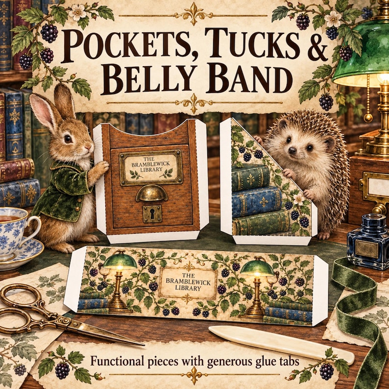 May include: A paper craft kit titled Pockets, Tucks & Belly Band featuring illustrations of a rabbit and a hedgehog. The set includes a wooden-style library card catalogue pocket, a book-themed tuck spot, and a belly band with lamp graphics.
