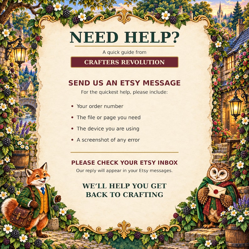 May include: An informational sign with a cream-coloured centre and ornate gold border, featuring the text NEED HELP? A quick guide from CRAFTERS REVOLUTION. It lists instructions for Etsy messages, including order number, file, device, and error screenshots.
