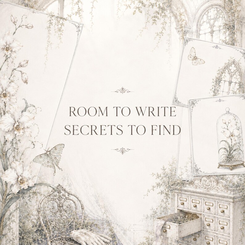 May include: A decorative stationery set featuring soft beige and white tones with illustrations of orchids, butterflies, and a vintage cabinet. The text ROOM TO WRITE SECRETS TO FIND is centered in the middle of the composition with ornate flourishes.