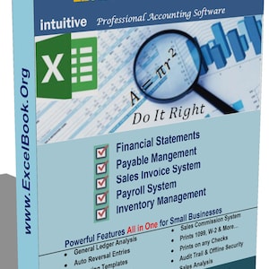 Könnte beinhalten: Eine Softwarebox mit dem Titel "ExcelBook Accounting" in Blau und Gelb. Das Cover zeigt eine Lupe über einer mathematischen Formel und ein grünes Excel-Logo. Text beinhaltet "Finanzberichte", "Gehaltsabrechnungssystem" und "Lagerverwaltung".